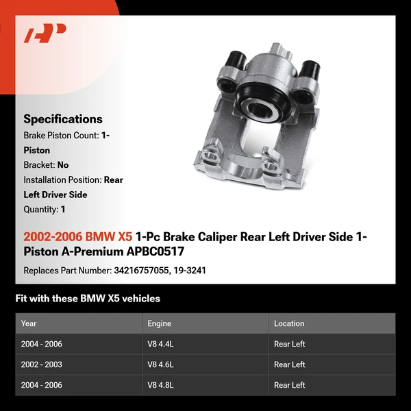 2002-2006 BMW X5 1-Pc Brake Caliper Rear Left Driver Side 1-Piston A-Premium APBC0517