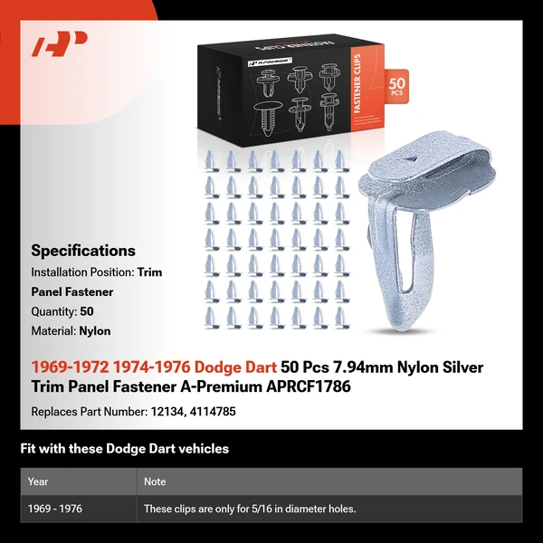 1969-1972 1974-1976 Dodge Dart 50 Pcs 7.94mm Nylon Silver Trim Panel Fastener A-Premium APRCF1786
