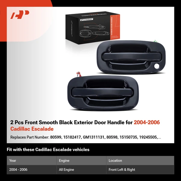 2 Pcs Front Smooth Black Exterior Door Handle for 2004-2006 Cadillac Escalade