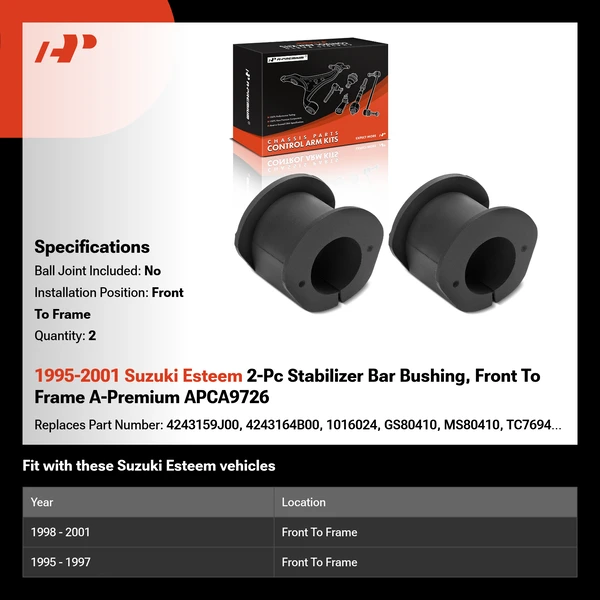 1995-2001 Suzuki Esteem 2-Pc Stabilizer Bar Bushing, Front To Frame A-Premium APCA9726