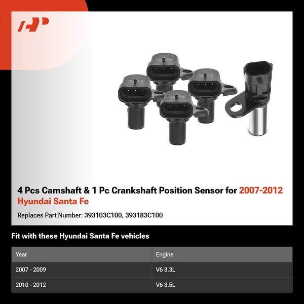 4 Pcs Camshaft & 1 Pc Crankshaft Position Sensor for 2007-2012 Hyundai Santa Fe