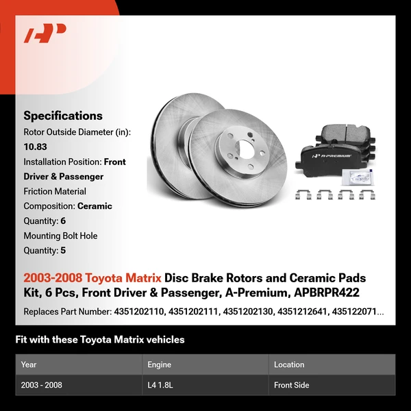 2003-2008 Toyota Matrix Disc Brake Rotors and Ceramic Pads Kit, 6 Pcs, Front Driver & Passenger, A-Premium, APBRPR422