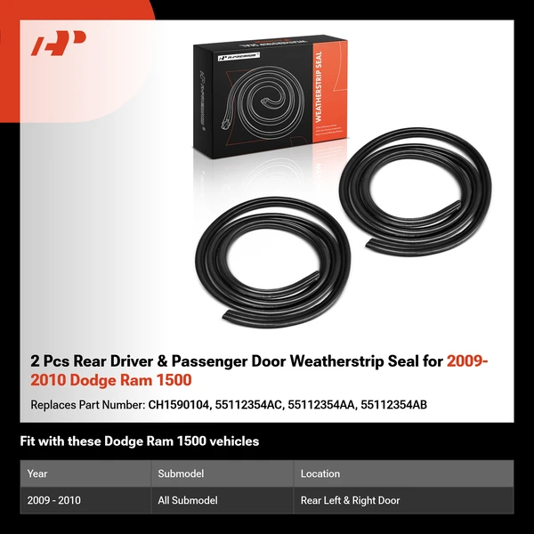 2 Pcs Rear Driver & Passenger Door Weatherstrip Seal for 2009-2010 Dodge Ram 1500