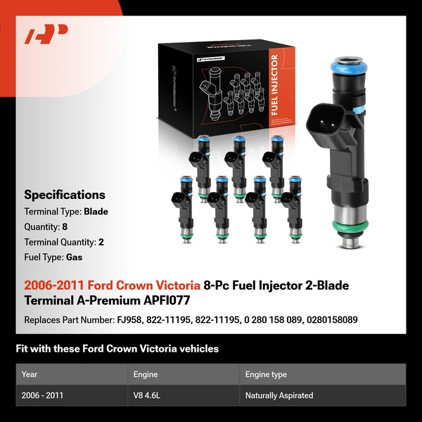 2006-2011 Ford Crown Victoria 8-Pc Fuel Injector 2-Blade Terminal A-Premium APFI077