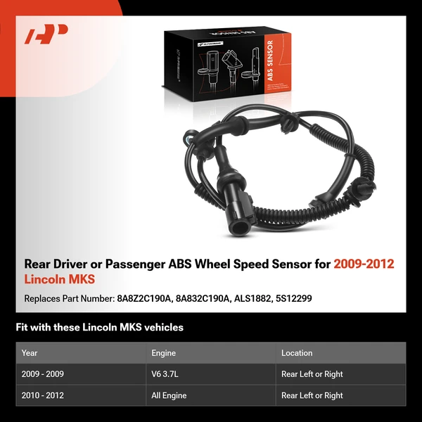 Rear Driver or Passenger ABS Wheel Speed Sensor for 2009-2012 Lincoln MKS