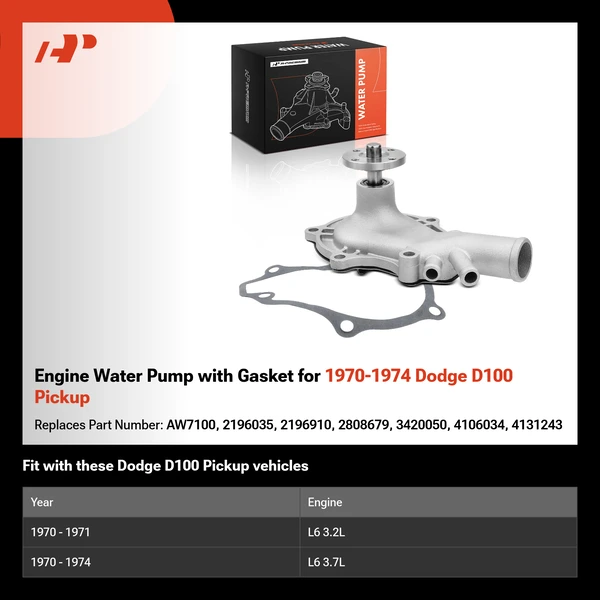 Engine Water Pump with Gasket for 1970-1974 Dodge D100 Pickup