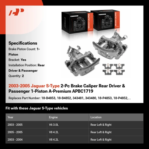 2003-2005 Jaguar S-Type 2-Pc Brake Caliper Rear Driver & Passenger 1-Piston A-Premium APBC1719