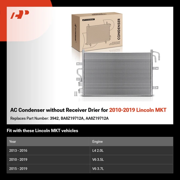 AC Condenser without Receiver Drier for 2010-2019 Lincoln MKT