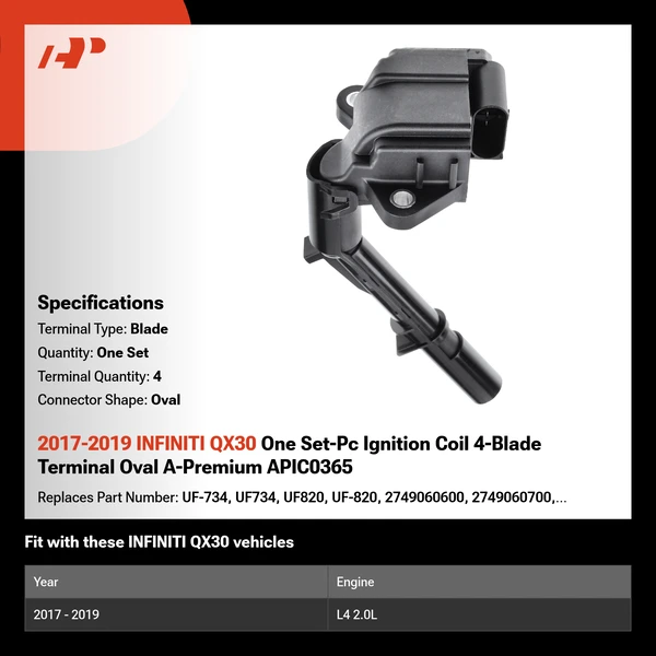 2017-2019 INFINITI QX30 One Set-Pc Ignition Coil 4-Blade Terminal Oval A-Premium APIC0365