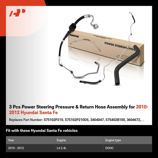3 Pcs Power Steering Pressure & Return Hose Assembly for 2010-2012 Hyundai Santa Fe