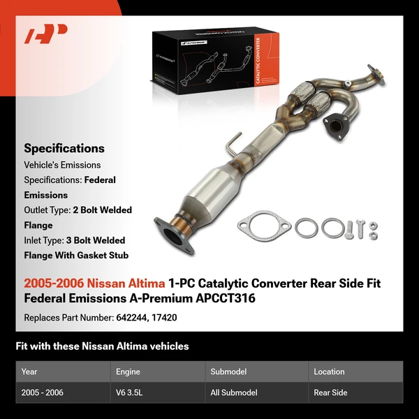 2005-2006 Nissan Altima 1-PC Catalytic Converter Rear Side Fit Federal Emissions A-Premium APCCT316