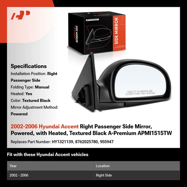 2002-2006 Hyundai Accent Right Passenger Side Mirror, Powered, with Heated, Textured Black A-Premium APMI1515TW