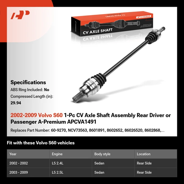 2002-2009 Volvo S60 1-Pc CV Axle Shaft Assembly Rear Driver or Passenger A-Premium APCVA1491