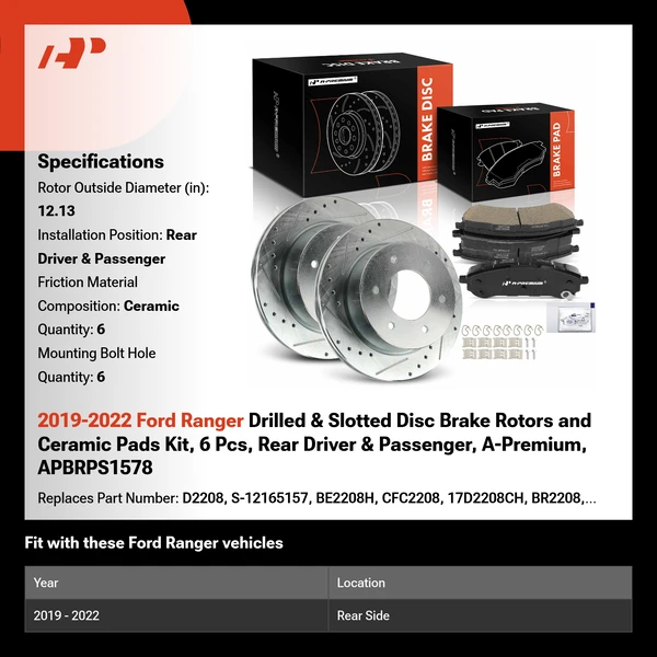 2019-2022 Ford Ranger Drilled & Slotted Disc Brake Rotors and Ceramic Pads Kit, 6 Pcs, Rear Driver & Passenger, A-Premium, APBRPS1578