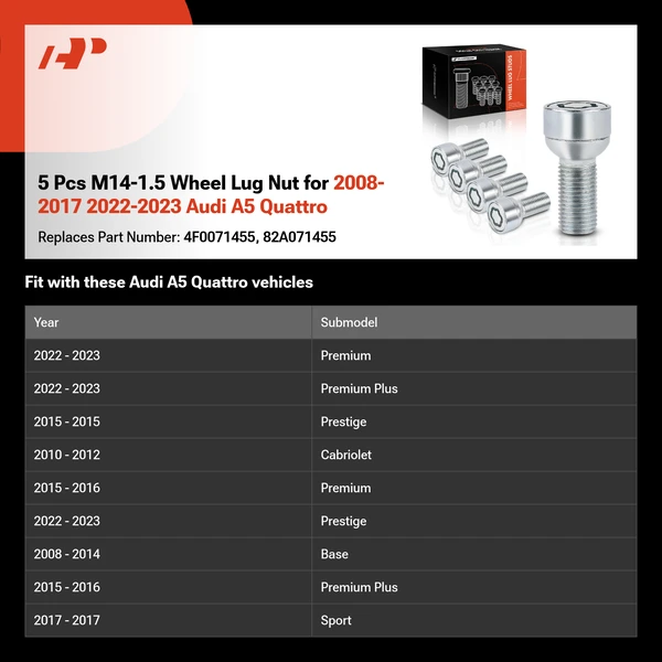 5 Pcs M14-1.5 Wheel Lug Nut for 2008-2017 2022-2023 Audi A5 Quattro