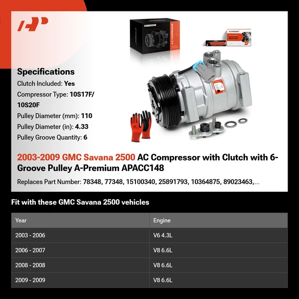 2003-2009 GMC Savana 2500 AC Compressor with Clutch with 6-Groove Pulley A-Premium APACC148