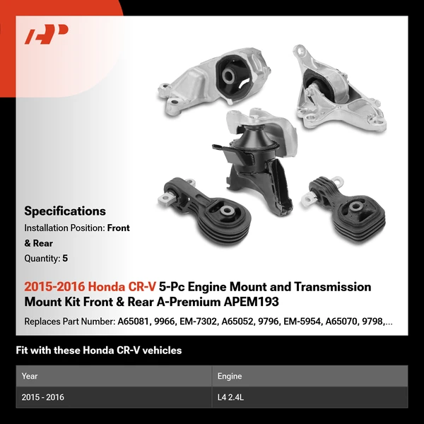 2015-2016 Honda CR-V 5-Pc Engine Mount and Transmission Mount Kit Front & Rear A-Premium APEM193