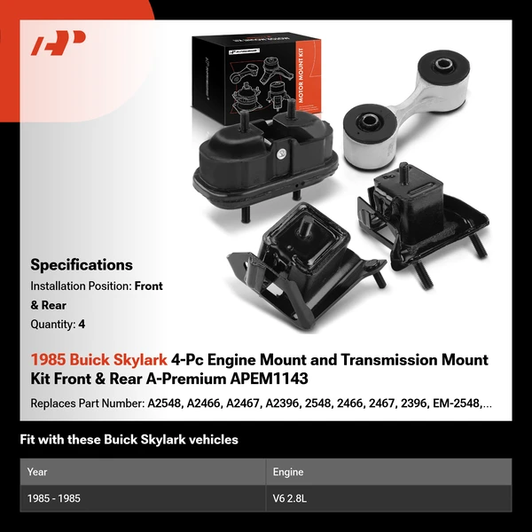 1985 Buick Skylark 4-Pc Engine Mount and Transmission Mount Kit Front & Rear A-Premium APEM1143
