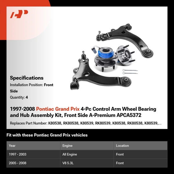 1997-2008 Pontiac Grand Prix 4-Pc Control Arm Wheel Bearing and Hub Assembly Kit, Front Side A-Premium APCA5372