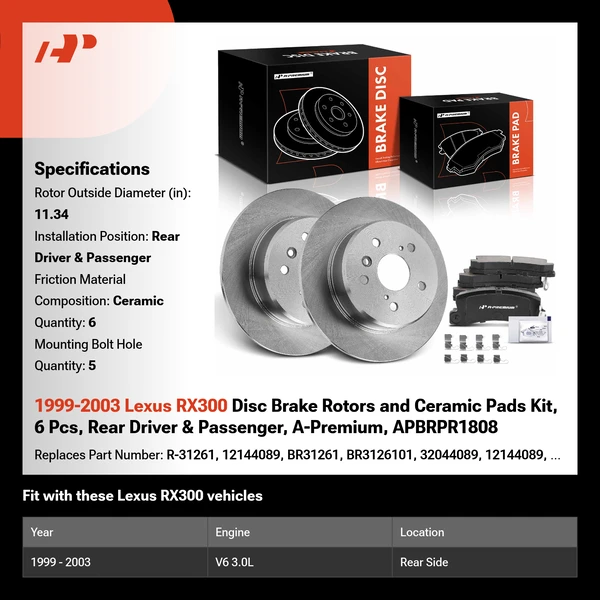1999-2003 Lexus RX300 Disc Brake Rotors and Ceramic Pads Kit, 6 Pcs, Rear Driver & Passenger, A-Premium, APBRPR1808