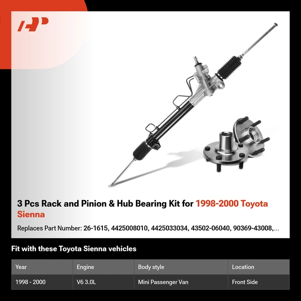 3 Pcs Rack and Pinion & Hub Bearing Kit for 1998-2000 Toyota Sienna