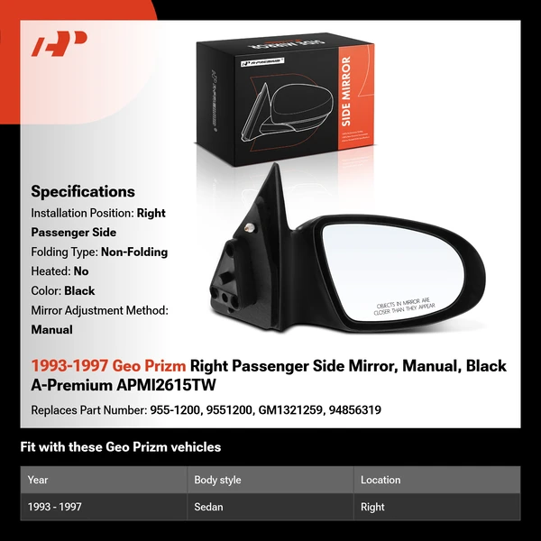 1993-1997 Geo Prizm Right Passenger Side Mirror, Manual, Black A-Premium APMI2615TW