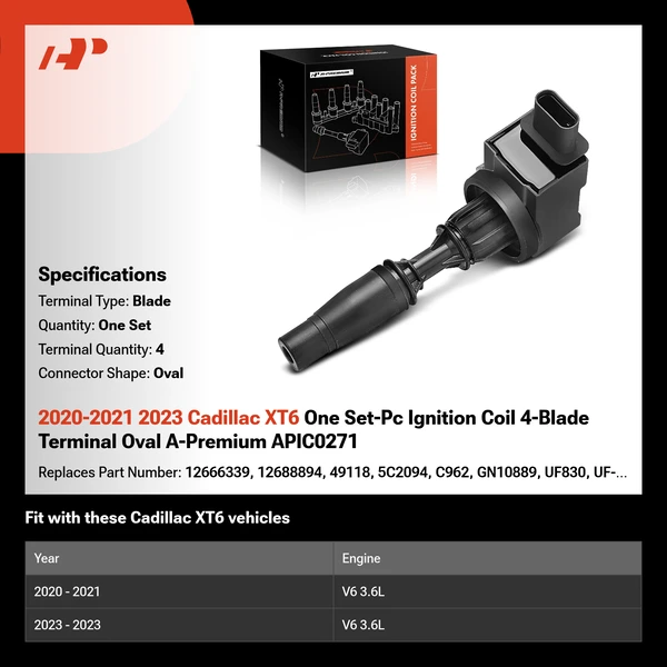2020-2021 2023 Cadillac XT6 One Set-Pc Ignition Coil 4-Blade Terminal Oval A-Premium APIC0271