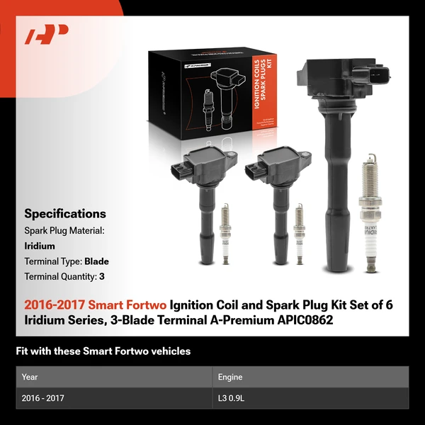 2016-2017 Smart Fortwo Ignition Coil and Spark Plug Kit Set of 6 Iridium Series, 3-Blade Terminal A-Premium APIC0862