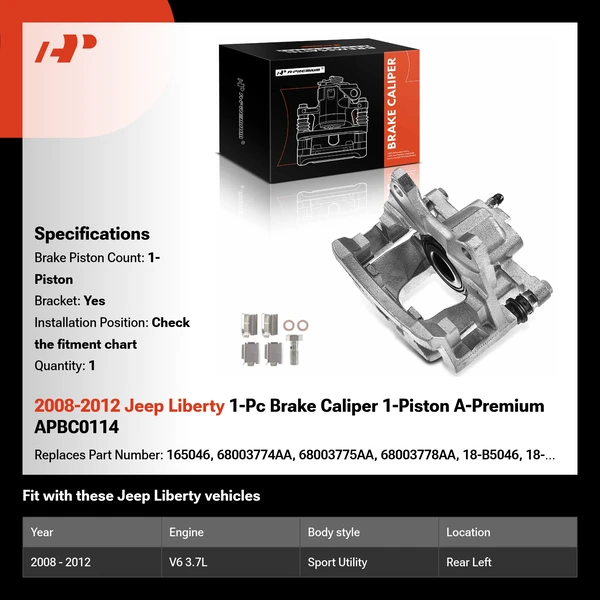 2008-2012 Jeep Liberty 1-Pc Brake Caliper 1-Piston A-Premium APBC0114