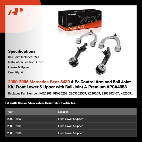 2000-2006 Mercedes-Benz S430 4-Pc Control Arm and Ball Joint Kit, Front Lower & Upper with Ball Joint A-Premium APCA4058