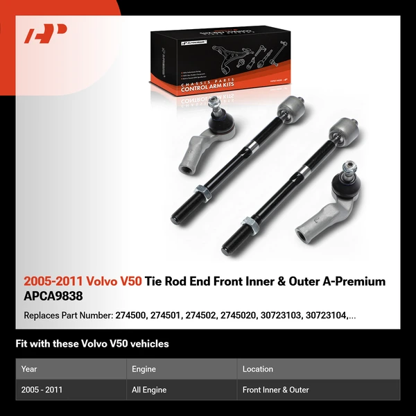 2005-2011 Volvo V50 Tie Rod End Front Inner & Outer A-Premium APCA9838