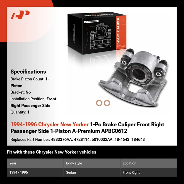 1994-1996 Chrysler New Yorker 1-Pc Brake Caliper Front Right Passenger Side 1-Piston A-Premium APBC0612