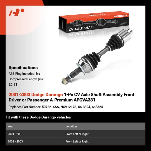2001-2003 Dodge Durango 1-Pc CV Axle Shaft Assembly Front Driver or Passenger A-Premium APCVA381