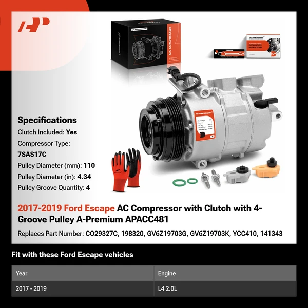 2017-2019 Ford Escape AC Compressor with Clutch with 4-Groove Pulley A-Premium APACC481