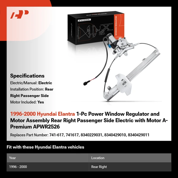 1996-2000 Hyundai Elantra 1-Pc Power Window Regulator and Motor Assembly Rear Right Passenger Side Electric with Motor A-Premium APWR2526