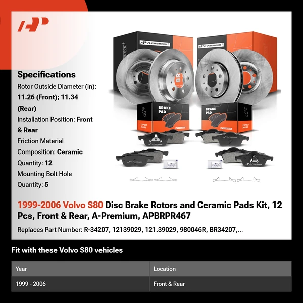 1999-2006 Volvo S80 Disc Brake Rotors and Ceramic Pads Kit, 12 Pcs, Front & Rear, A-Premium, APBRPR467