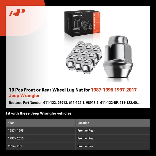 10 Pcs Front or Rear Wheel Lug Nut for 1987-1995 1997-2017 Jeep Wrangler