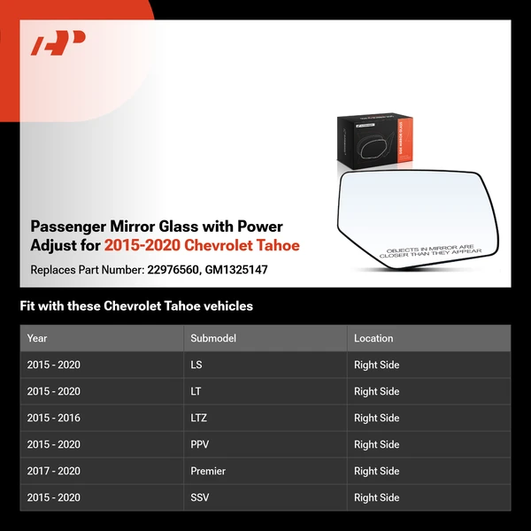 Passenger Mirror Glass with Power Adjust for 2015-2020 Chevrolet Tahoe