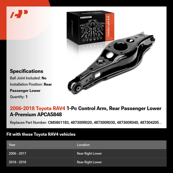 2006-2018 Toyota RAV4 1-Pc Control Arm, Rear Passenger Lower A-Premium APCA5848