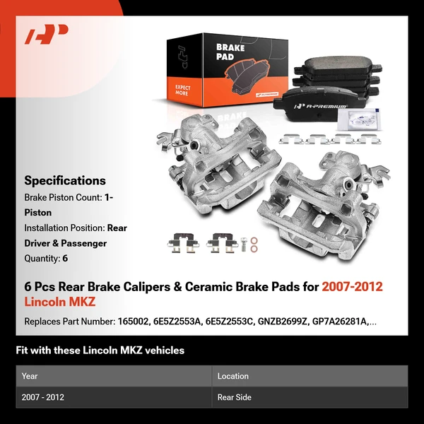 6 Pcs Rear Brake Calipers & Ceramic Brake Pads for 2007-2012 Lincoln MKZ