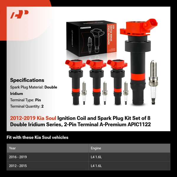 2012-2019 Kia Soul Ignition Coil and Spark Plug Kit Set of 8 Double Iridium Series, 2-Pin Terminal A-Premium APIC1122