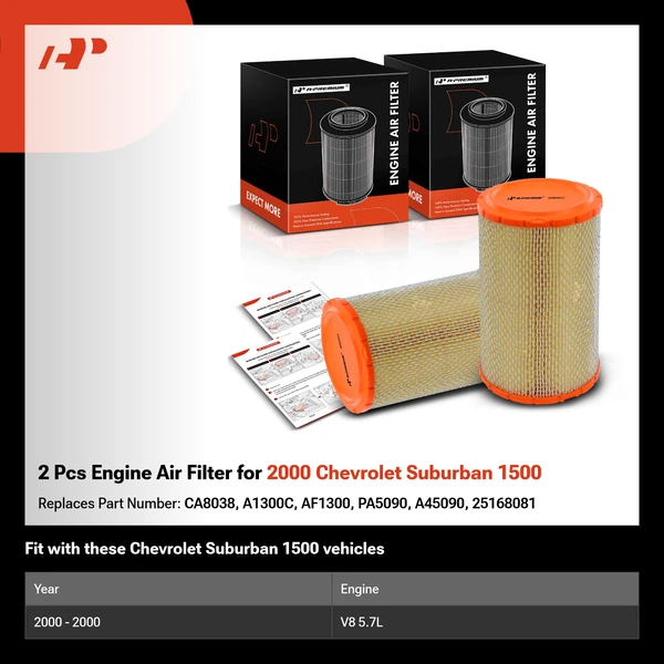 2 Pcs Engine Air Filter for 2000 Chevrolet Suburban 1500
