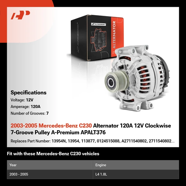 2003-2005 Mercedes-Benz C230 Alternator 120A 12V Clockwise 7-Groove Pulley A-Premium APALT376