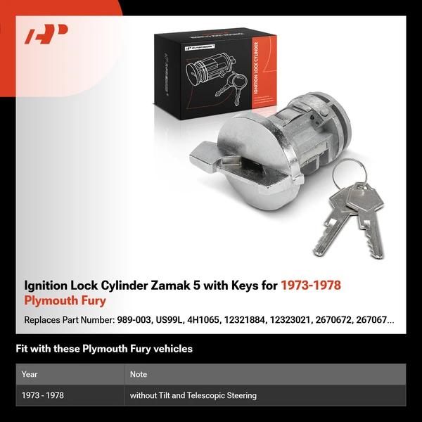 Ignition Lock Cylinder Zamak 5 with Keys for 1973-1978 Plymouth Fury