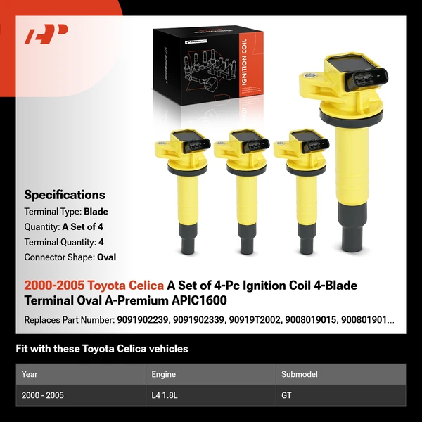 2000-2005 Toyota Celica A Set of 4-Pc Ignition Coil 4-Blade Terminal Oval A-Premium APIC1600