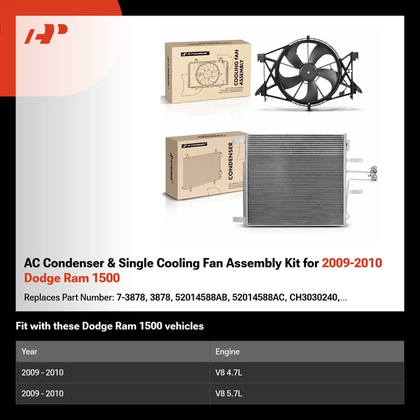 AC Condenser & Single Cooling Fan Assembly Kit for 2009-2010 Dodge Ram 1500
