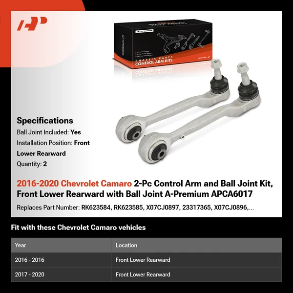 2016-2020 Chevrolet Camaro 2-Pc Control Arm and Ball Joint Kit, Front Lower Rearward with Ball Joint A-Premium APCA6017
