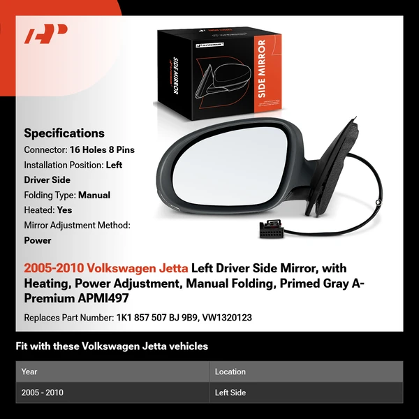 2005-2010 Volkswagen Jetta Left Driver Side Mirror, with Heating, Power Adjustment, Manual Folding, Primed Gray A-Premium APMI497