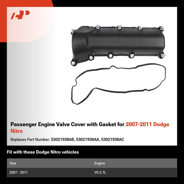 Passenger Engine Valve Cover with Gasket for 2007-2011 Dodge Nitro