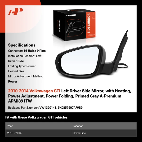 2010-2014 Volkswagen GTI Left Driver Side Mirror, with Heating, Power Adjustment, Power Folding, Primed Gray A-Premium APMI891TW